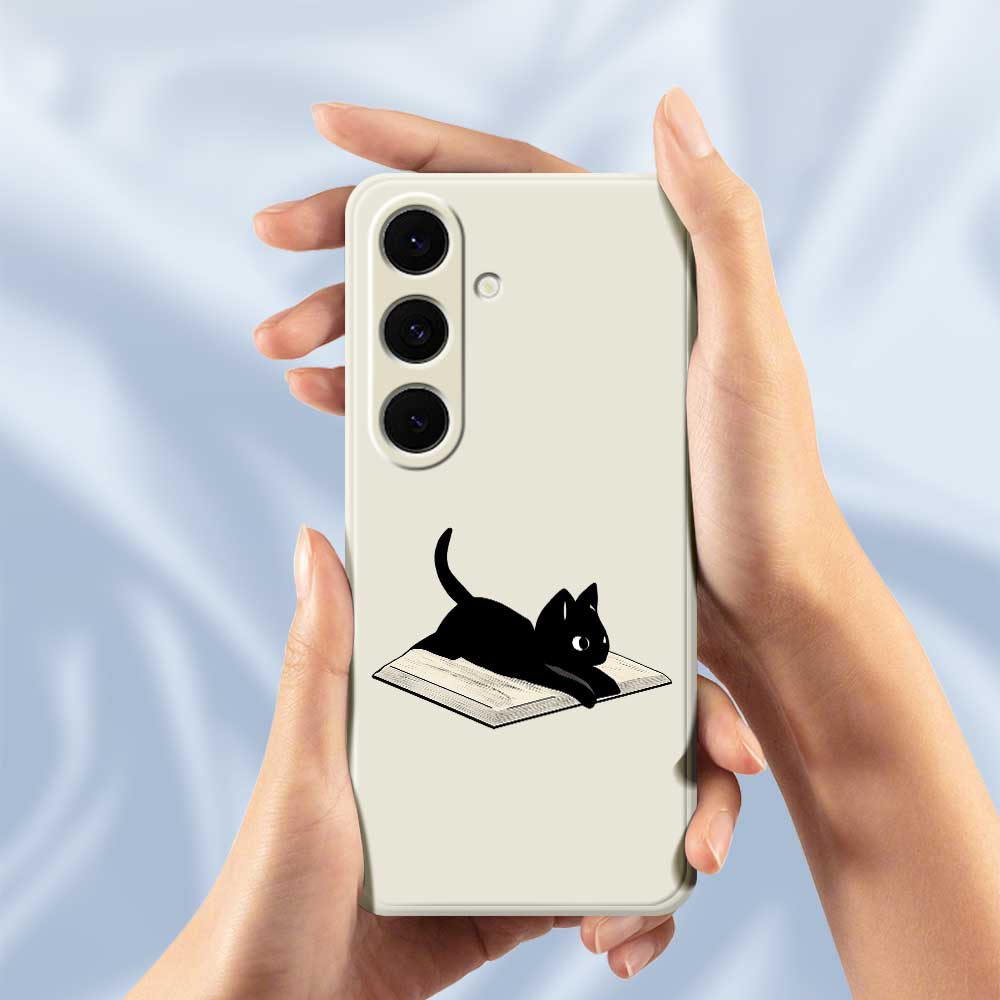 Чехол-книжка для Samsung Galaxy S25+ с печатью узора «Книга и кошка», задняя крышка телефона из ТПУ с прямыми краями