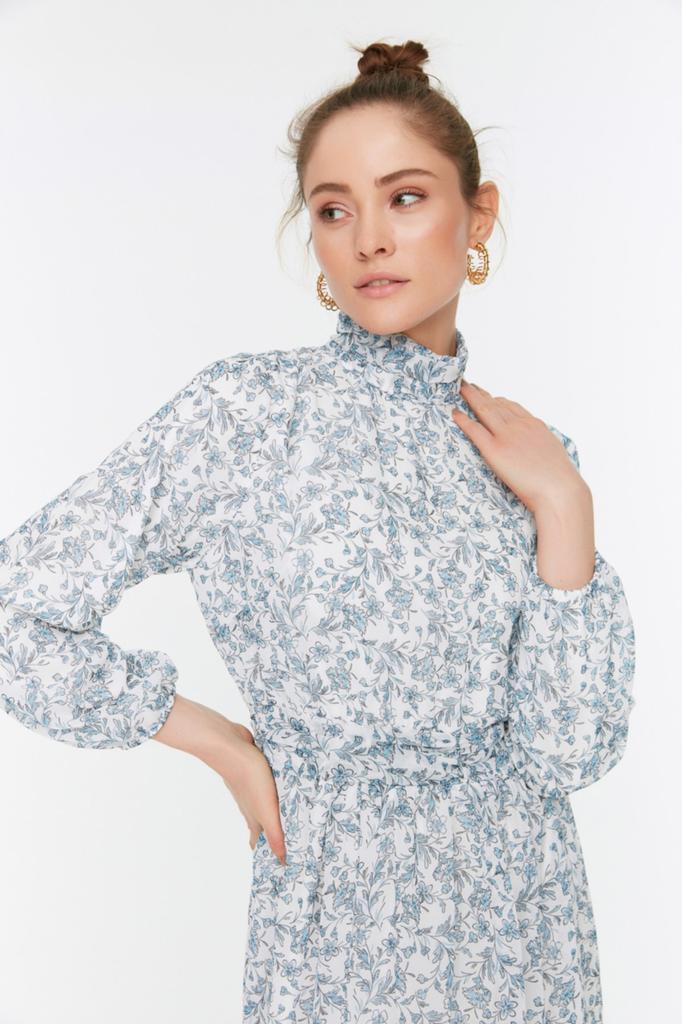 Женское стильное платье-хиджаб с зеленым цветочным принтом, высоким воротником и талией, на подкладке, шифоновое тканое платье