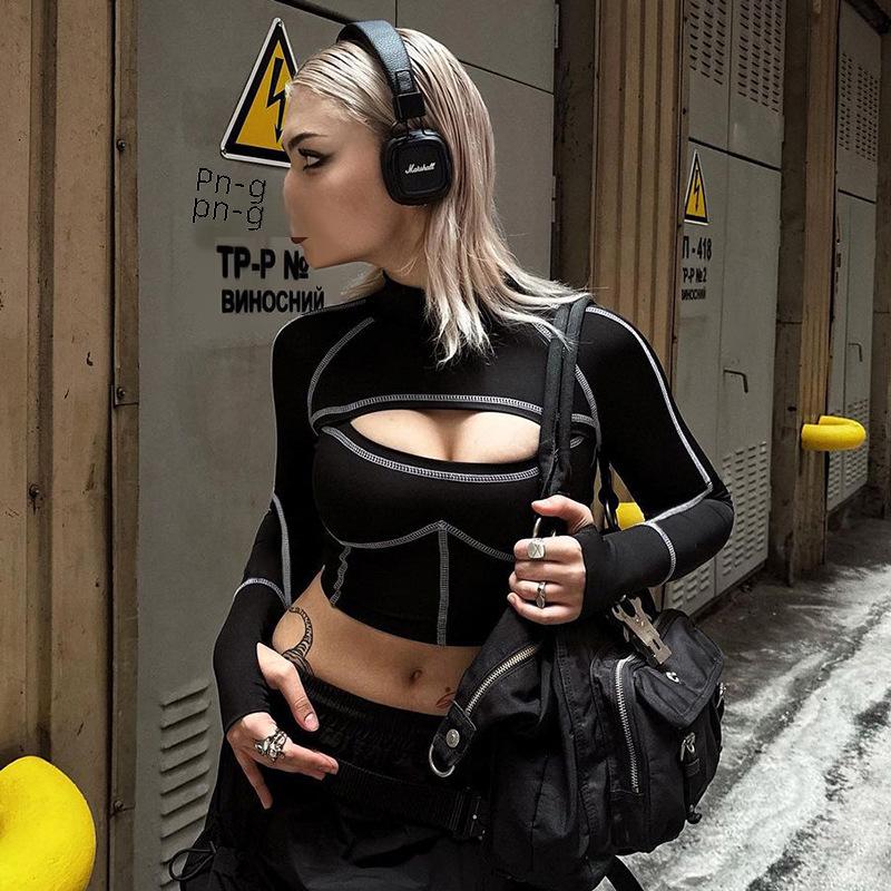 Street Fashion Mesh Splice Shoulder-Baring Cropped T-Shirt - Slim, Color-Block, See-Through Top