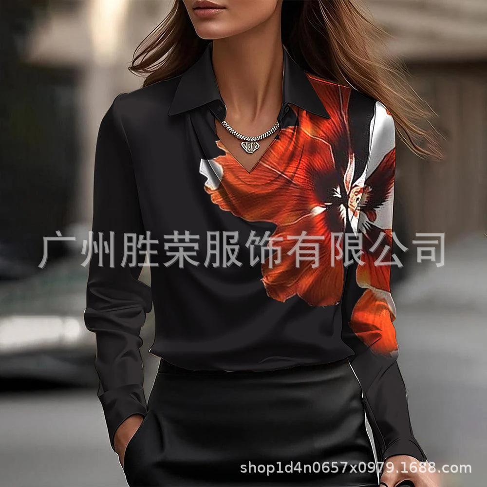 Women S Simple Floral Print Long Sleeve Plunge Neck Shirt