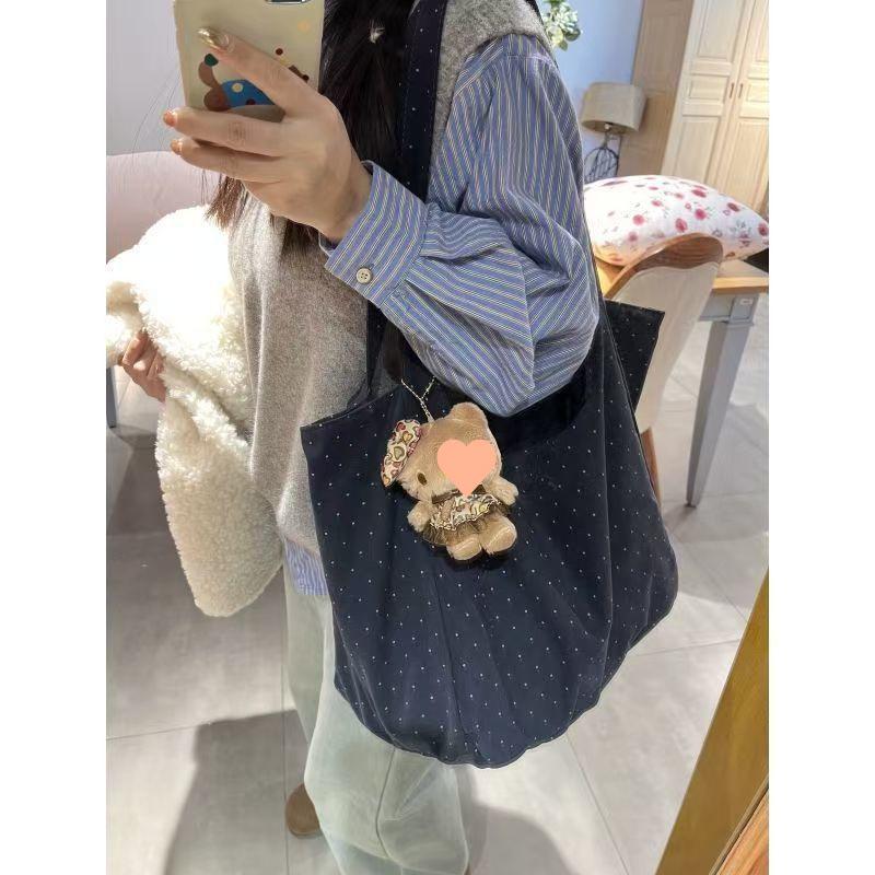 Korean Polka Dot Canvas Tote – Women's Minimalist Shoulder Bag with Large Capacity