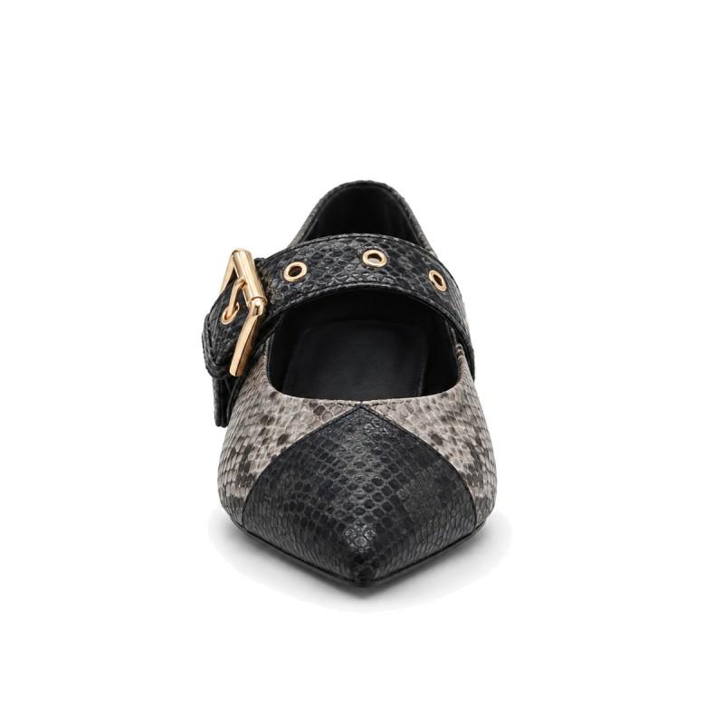 Zapato Tacón Bajo Negro Efecto Serpiente Hebilla Montevita Verona 105471