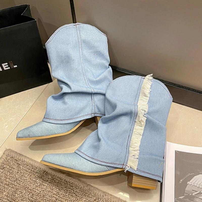 Модные плиссированные синие джинсовые ботинки Модные женские ботинки челси Осенне-зимние ботинки на среднем каблуке 2025 Новая женская обувь Ботфорты женские