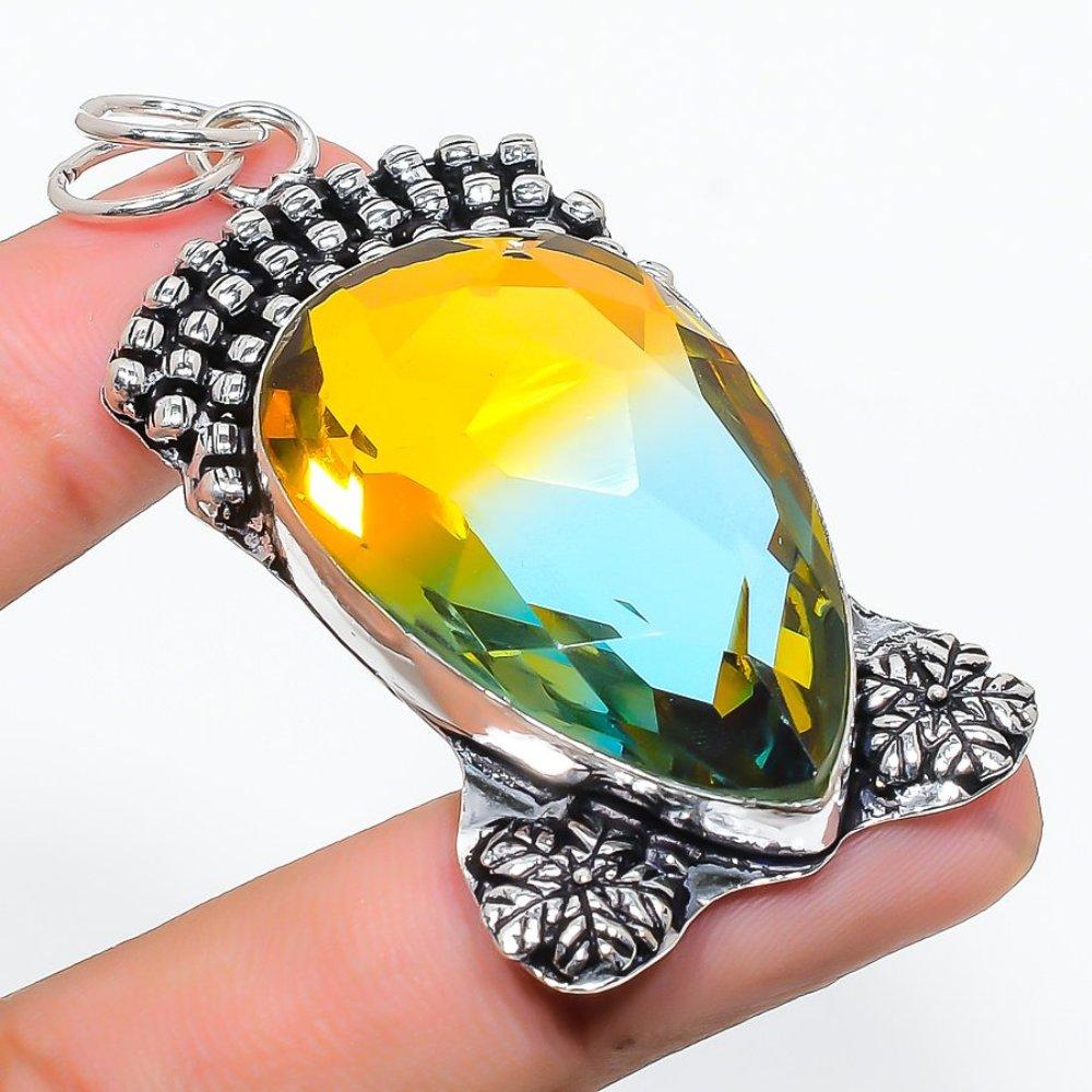 Natural Bi-Color Tourmaline Gemstone 925 Sterling Silver Pendant 2.56" n2V20