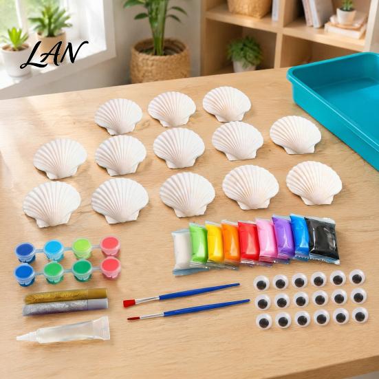 Handmade Shell Painting Kit 1/2 Sets DIY Craft Kit, with Natural Shells, Modeling Clay, Pigments, Seashell Glue, Eyes, Art Crafts Supplies Set