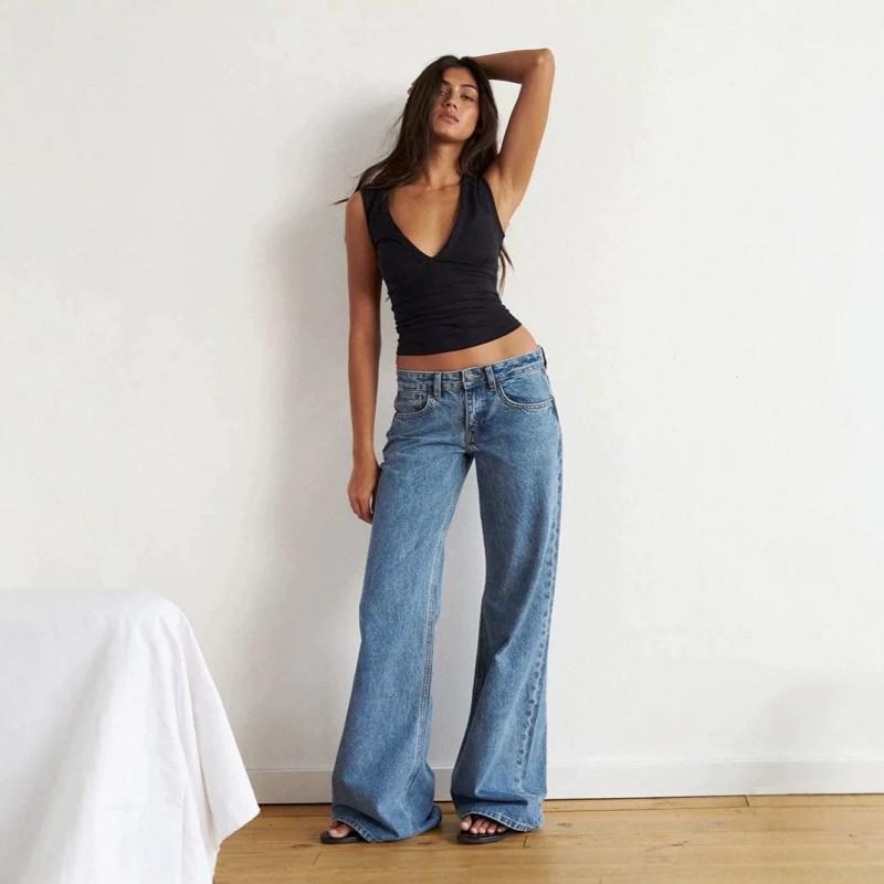 Low-Rise Wide-Leg Straight Cut Womens Denim Jeans Comfortable Casual Style Cotton Blend 2026