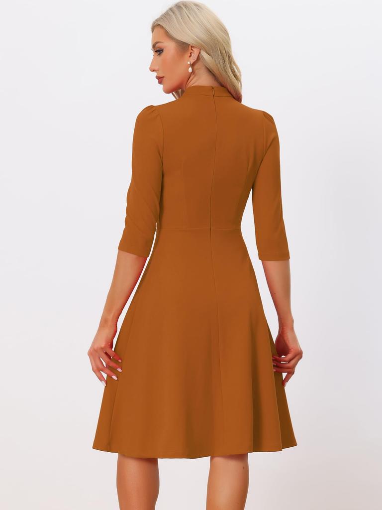 Allegra K Elegant A-Line Sheath Dress with Three-Quarter Sleeves and Stand Collar, Dark Orange, Size S