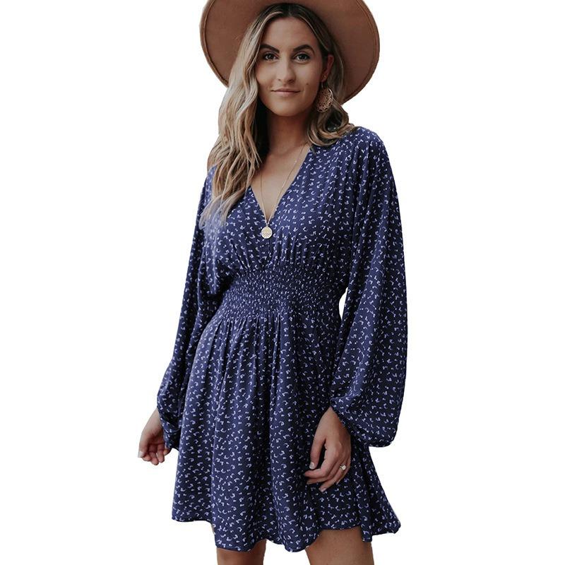 Women's Polka Dot Dress Sheath V Neck Long Sleeve Pleated Waist Slimming Dresses