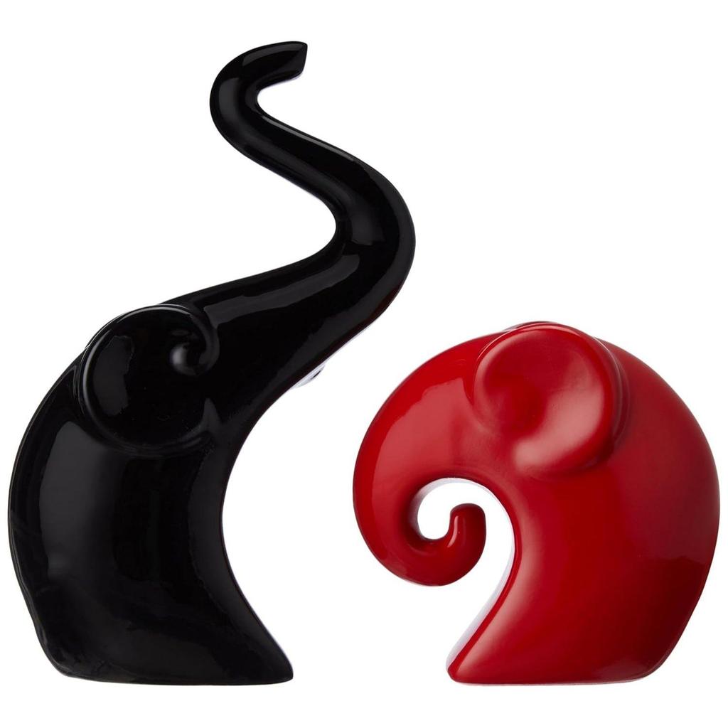 Home Decor Happy Charm Elephant Couple | Piano Finish Ceramic Figures (Set of 2 Piece, Red & Black)