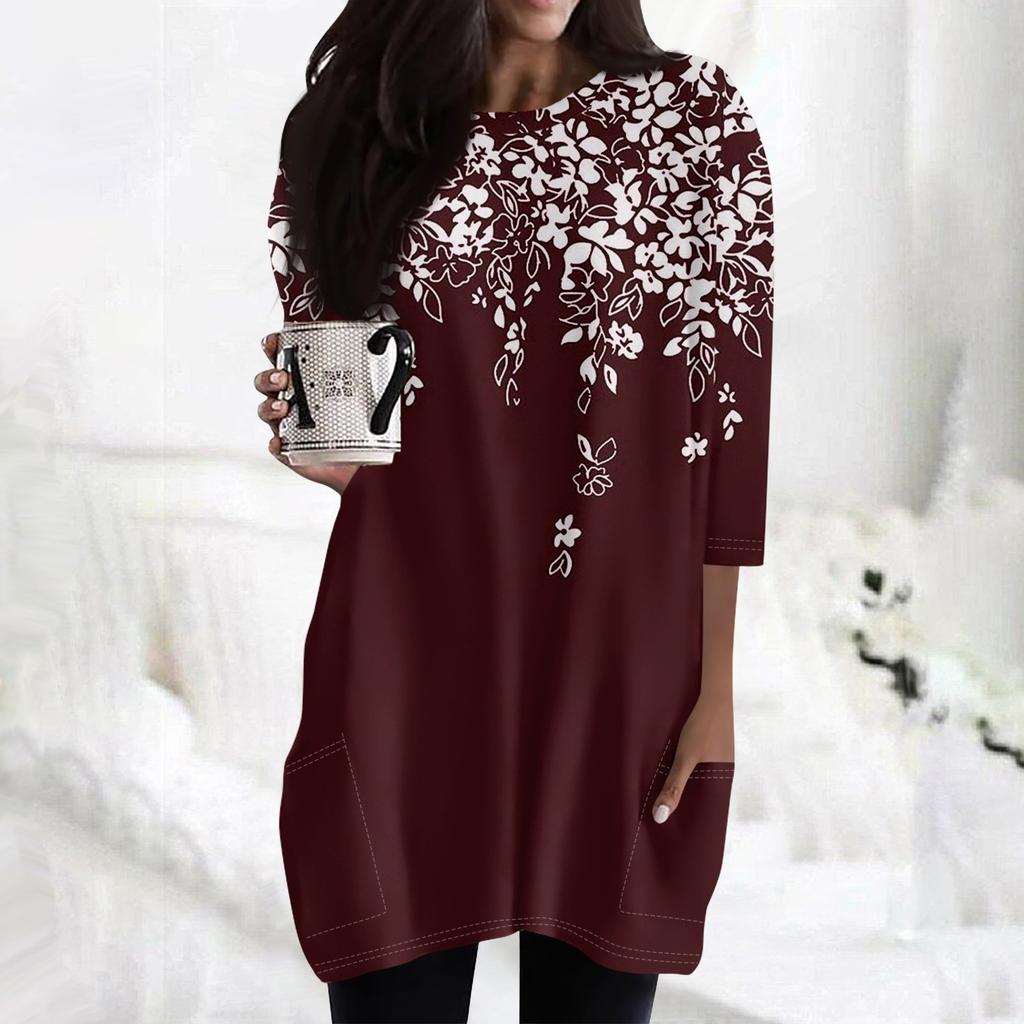 Женские повседневные рубашки с рукавами 3/4, модные туники с принтом, топы с карманами