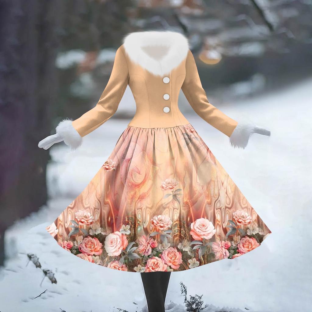 Women's Casual Dress Long-Sleeve V-Neck Patchwork Fleece Christmas Print Dress