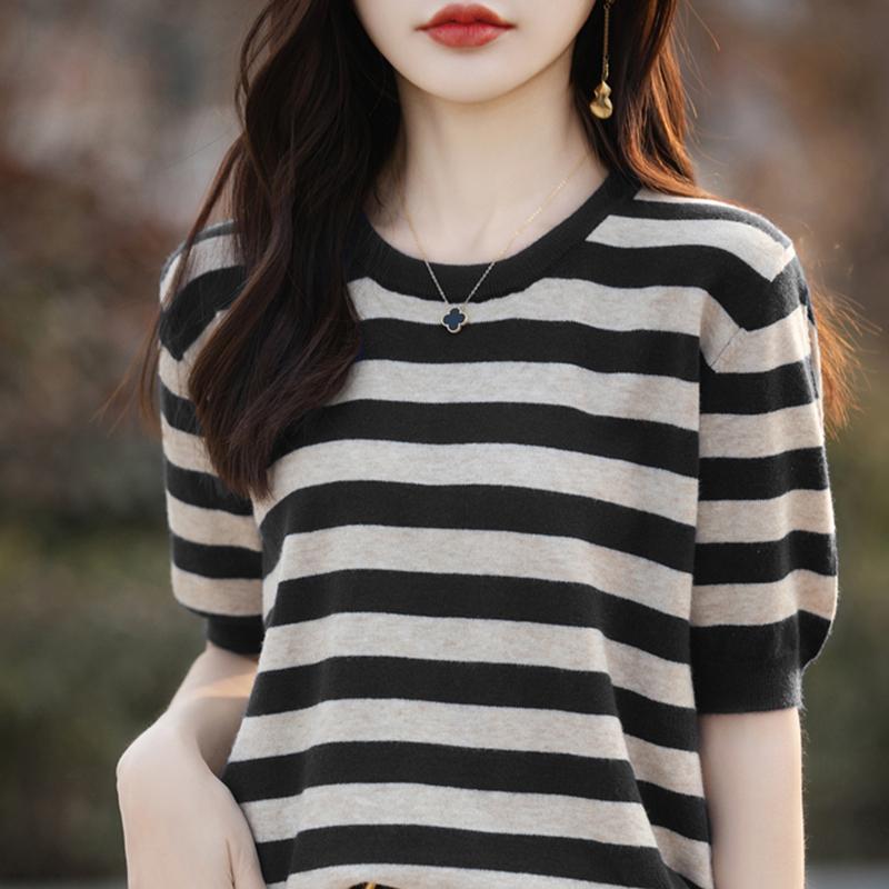 Women Knit T-shirt MODERN NEW SAGA Summer Knitted Shirt Striped Short Sleeve Tees O-neck Pullover Knit Tops