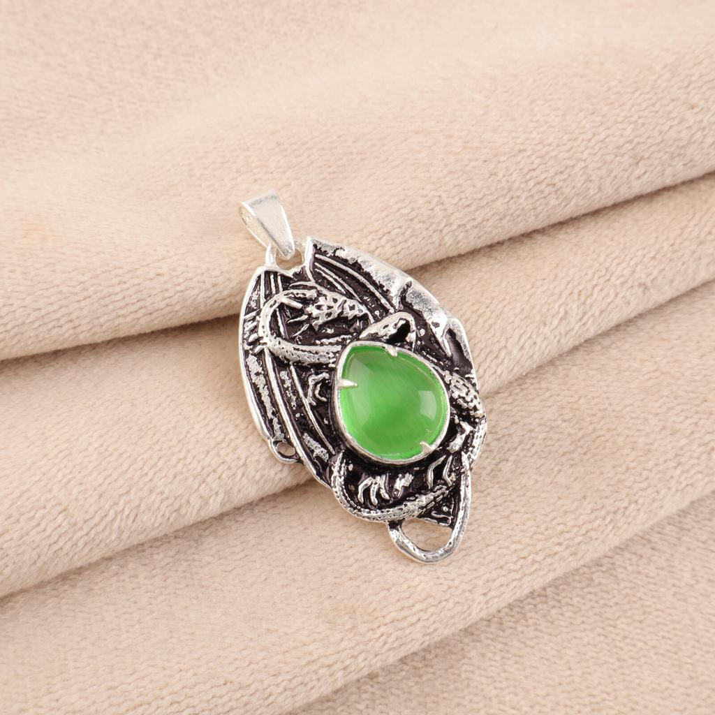 Natural Green Cat's Eye Gemstone 925 Stamped Silver Handmade Girls Pendant 1.55" CP-9-40