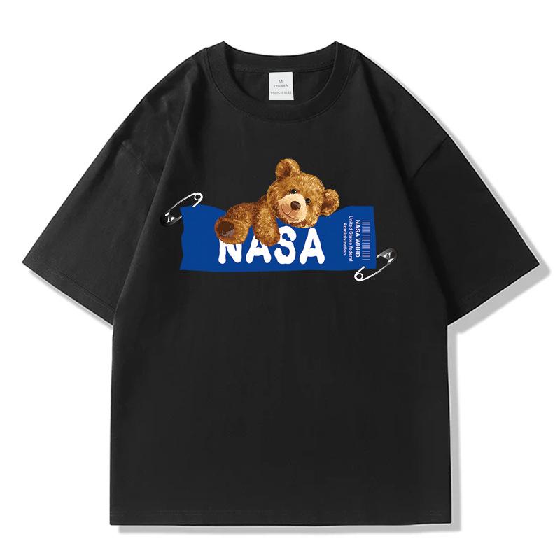 Men's NASA Co-branded Bear Print Crew Neck Cotton T-Shirt - Short Sleeve, Casual Streetwear, Plus Size Available