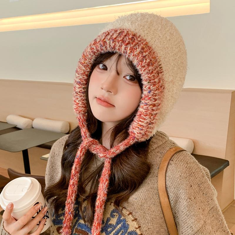 Autumn and winter hat female sweet temperament knitted wool hat winter warm ear hat student bag hat