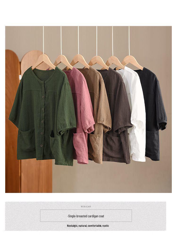 Женская летняя хлопково-льняная рубашка-кардиган с рукавом до середины предплечья 2024 - Повседневный, приталенный, однобортный дизайн