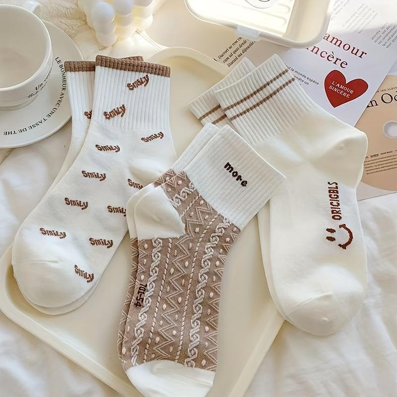 5 Pairs Smile Face Print Socks, Cute & Breathable Mid Tube Socks, Women's Stockings & Hosiery