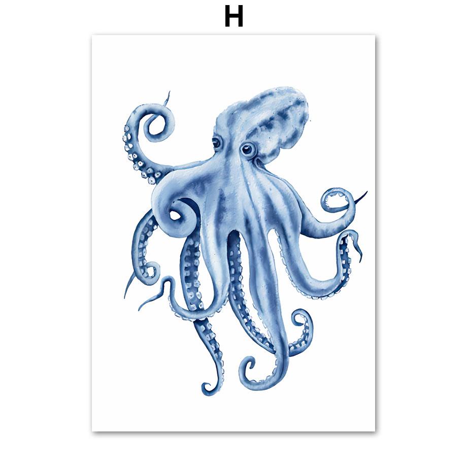 Акварельные синие прибрежные морские существа, постеры с принтами, осьминог, раковина, медуза, настенная живопись на холсте, детская комната, домашний декор