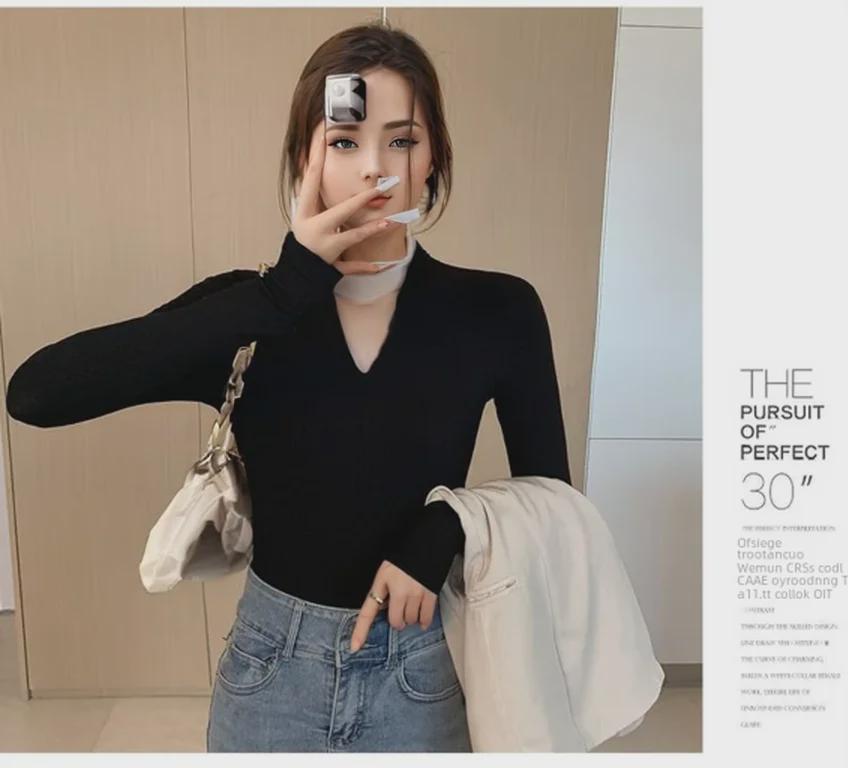 Женская облегающая футболка с V-образным вырезом и длинными рукавами из хлопка на осень 2025 г.