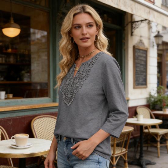 Женские топы с рукавом три четверти, V-образным вырезом, с узором из ажурной вышивки, свободного кроя, повседневная блузка, для повседневной носки