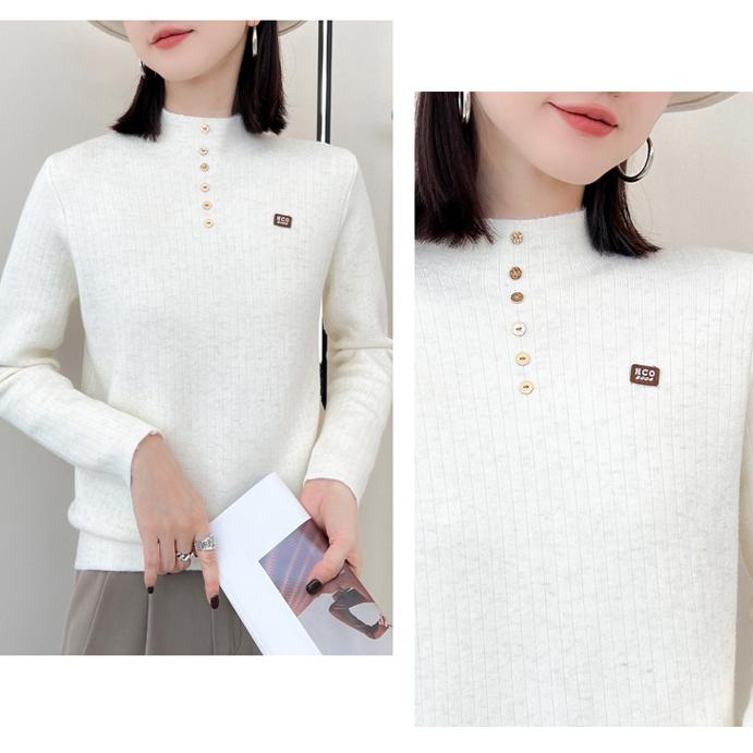 IHUASU Thickened One-piece Velvet Button Jumper Women's Autumn and Winter Half-high Neck Warm Knitted Bottoming Shirt with A Hundred Tops