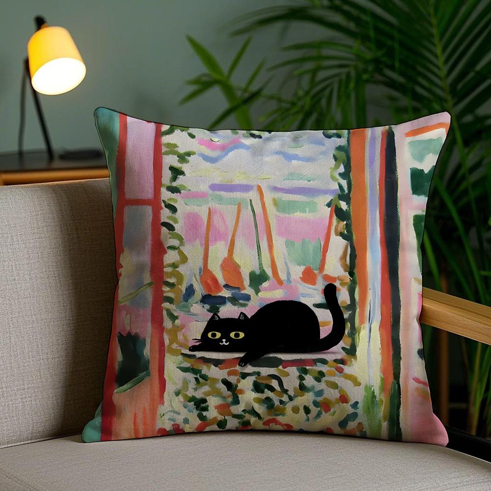 Cute Black Cat Oil Painting Cushion Cover Plush Fabric DoubleSided Printed Invisible Zipper Sofa Pillow Case Home Bedroom Decor