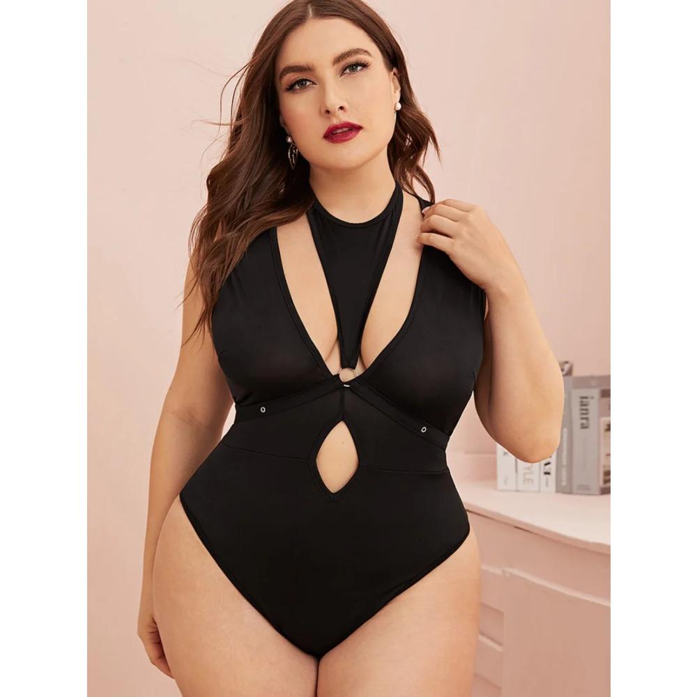 Сексуальное нижнее белье большого размера Женский сетчатый комбинезон Облегающий Черный С вырезами Эротическая перспектива Сдержанное нижнее белье