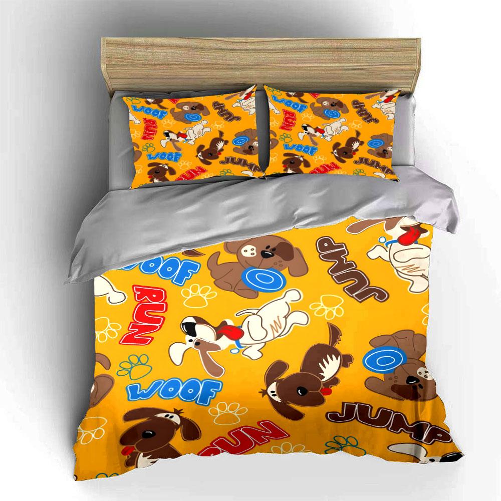 Cartoon Dogs Woof Run Jump Pattern Bedding Duvet Cover Set (1*Duvet Cover 2*Pillowcases, without duvet insert)