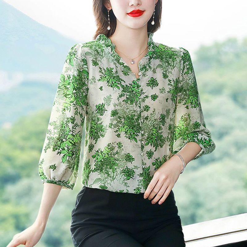 Шифоновая рубашка с цветочным принтом, женская весенне-летняя блузка с коротким рукавом и шикарным принтом, милая блузка с фонариком, Blusas