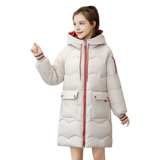 Зимнее пуховое пальто Утолщенный с капюшоном Защита шеи Карманы Застежка-молния Затягивающийся шнурок Ветрозащитный Сохранение тепла Повседневная верхняя одежда для холодной погоды Хлопок