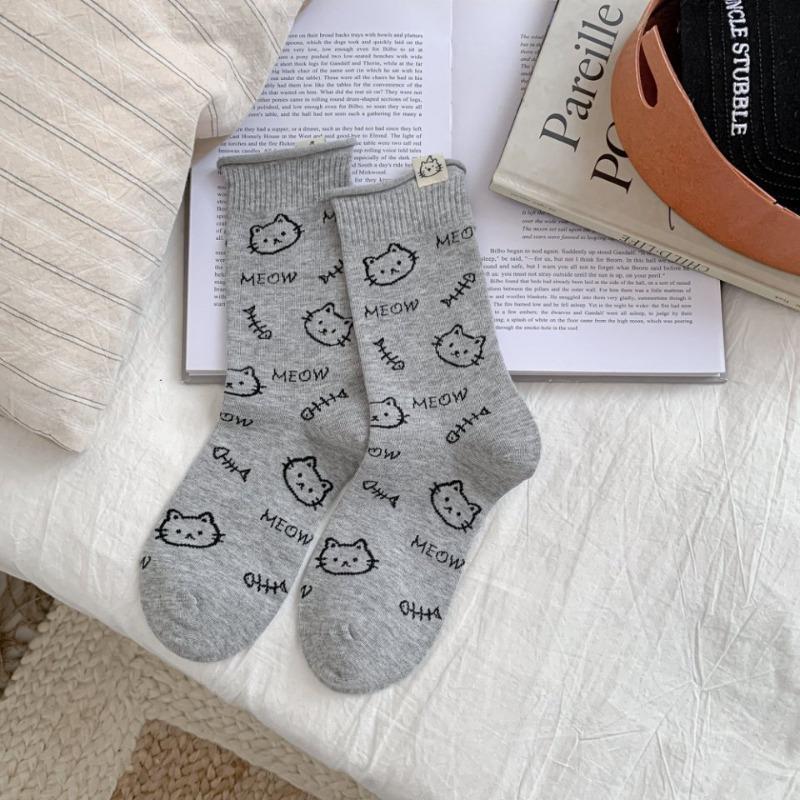 Trendy Socks with English Letters, Cartoon Cuteness, Cats, Fabric Labels, Mid-calf Socks, College Style, and Long Socks
