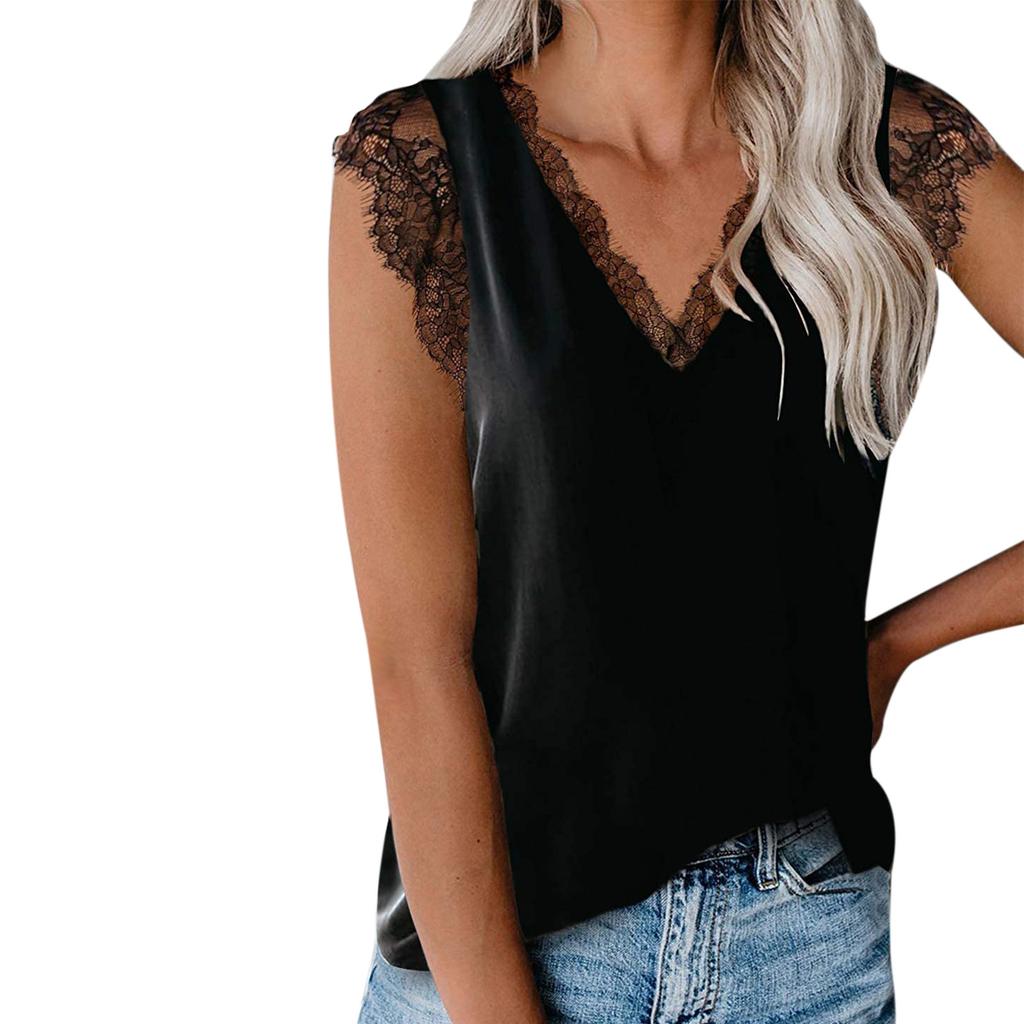 Women's V-Neck Lace Casual Solid Sleeveless Shirts Tank Tops Blouse