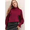 Women's Burgundy Half Turtleneck Lace Detailed Sweater