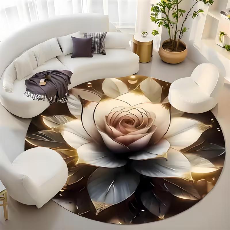 Round Floor Mat with Lotus-shaped Pattern in Golden and Other Tones Suitable As Meditation Cushion for Yoga Zazen,Indoor Read Ru