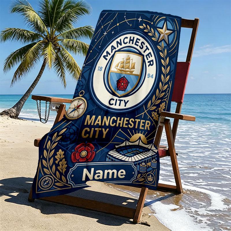 Custom Name Personalized Manchester City Print Beach Towel, for Trip Camping Beach Party Home Decor, Birthday Gift for Family & Friends