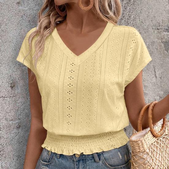 Women Tops V-Neck Short Sleeve Jacquard Decoration Pullover Tops Solid Color Loose Fit Elastic
