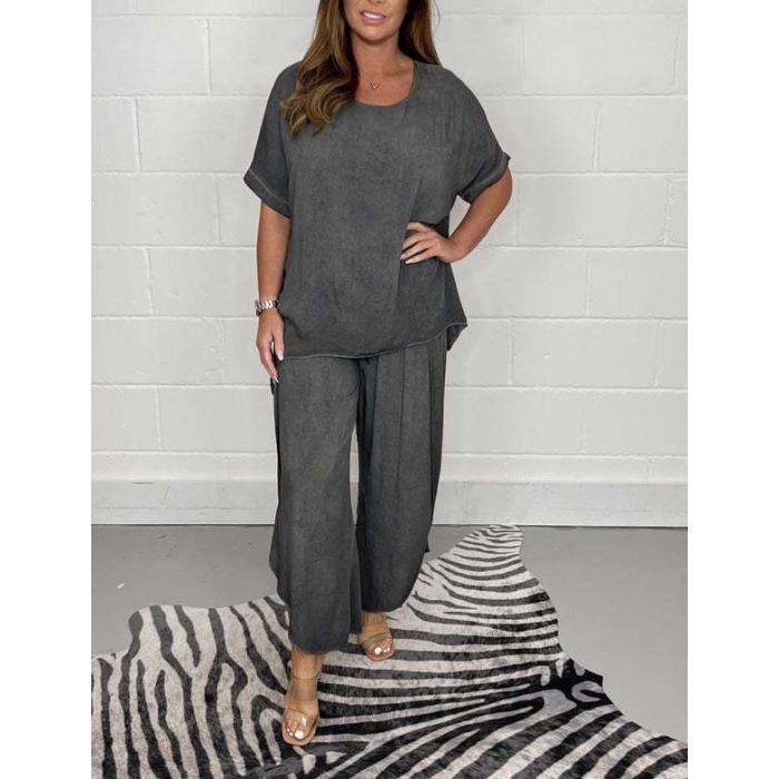 Женский комплект: однотонная свободная футболка с короткими рукавами и круглым вырезом, повседневные брюки с эластичной резинкой на талии, 2 шт./комплект