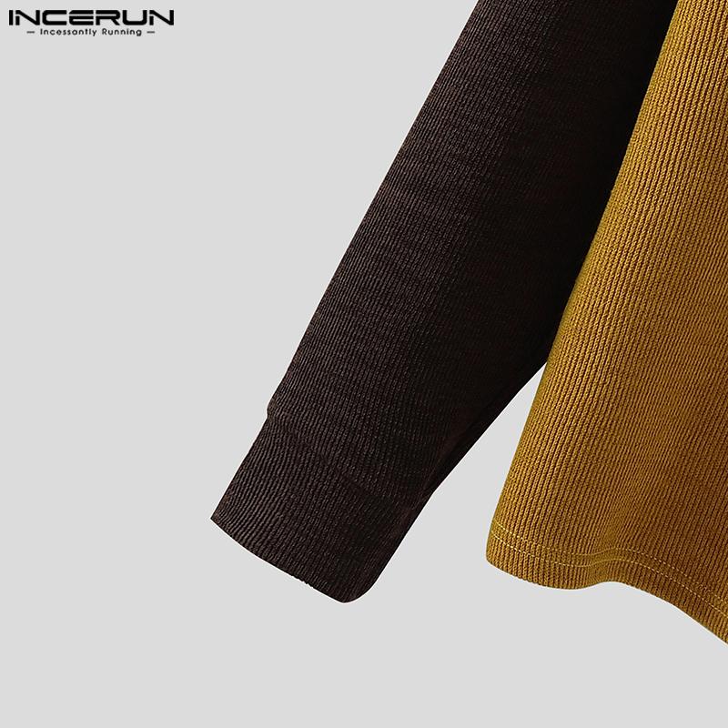 INCERUN Осенние мужские пуловеры с длинным рукавом, на молнии, с лацканами, с декоративной строчкой, в рубчик