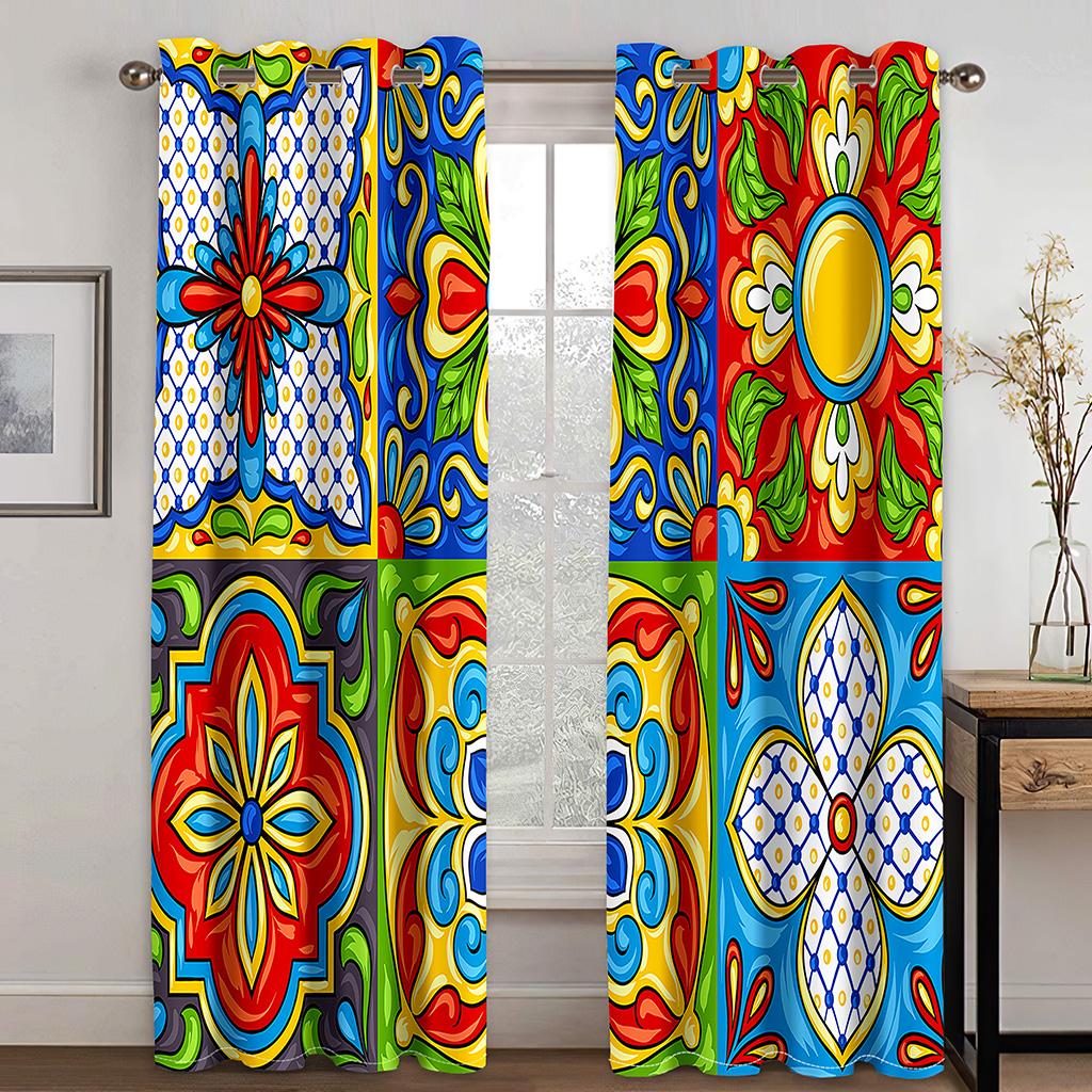 Bohemian Retro Luxurious Curtain Thin Polyester Sunshading Window Decorative Boho Printing Curtain Bedroom Finished Curtains