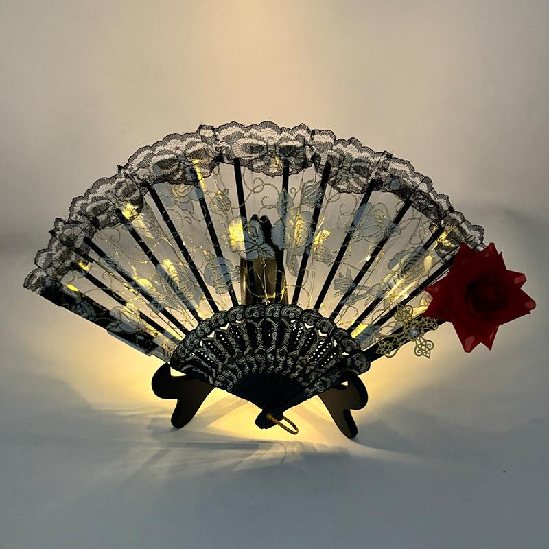 9 inches Glowing Rose Lace Fan Anime Show Gothic Retro Flower Lolita Cosplay Accessories LED Black Rose Folding Fan Led Fans