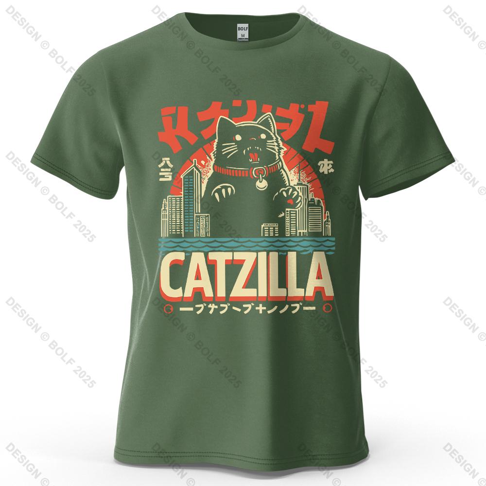 cotton t-shirt Catzilla Funny Printed Men's T-Shirt 100% Cotton Oversized Trendy Graphic Tees for Women Tops Tees Streetwear
