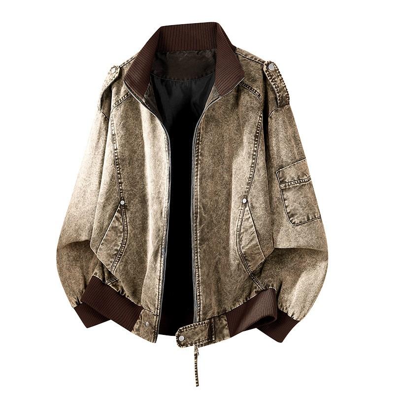 Mens Washed Denim Jacket Loose Streetwear Retro Biker Style Stand Collar Casual Outerwear