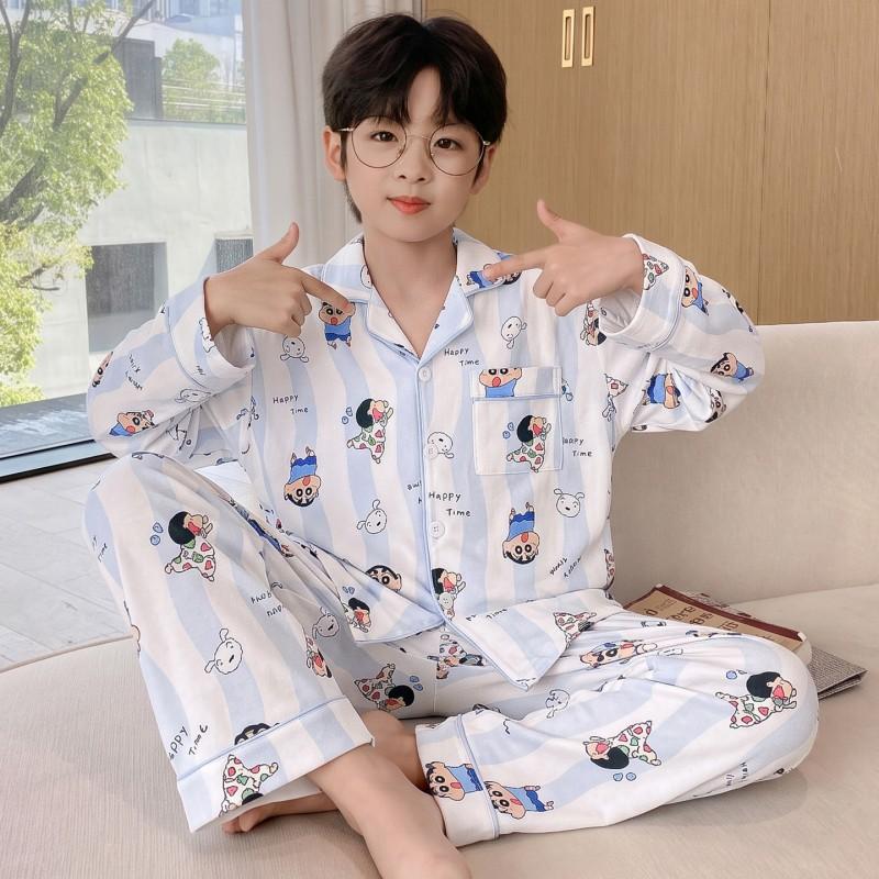 Boys Long Sleeve Cotton Pajamas Set Cartoon Print Soft Sleepwear Kids Teens Home Wear Fall