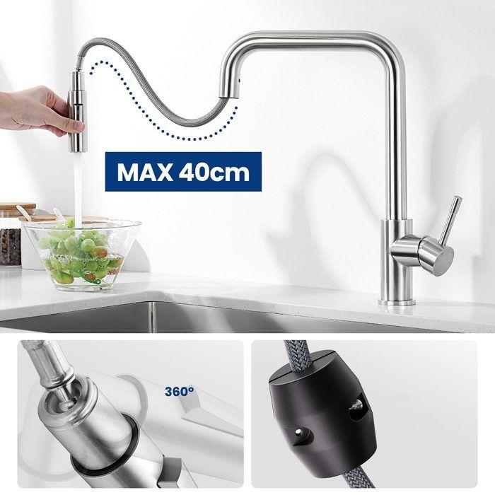 50x45cm Évier de Cuisine Évier A poser Gris+mitigeur extractible Brossé