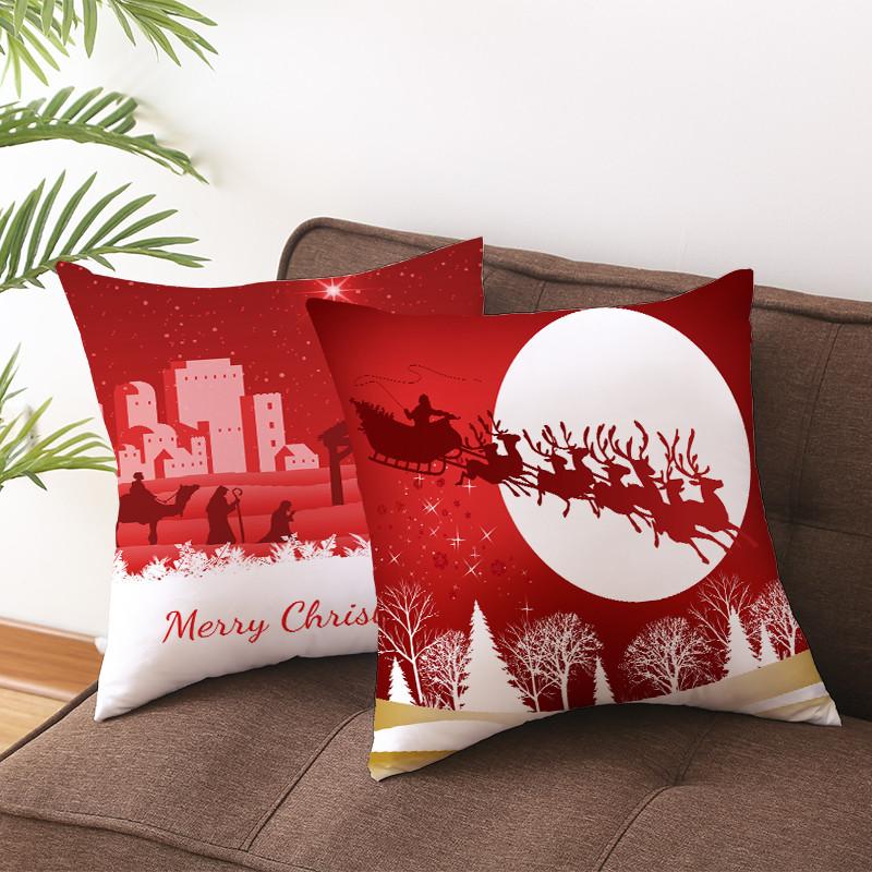 Merry Christmas Gift Decoration Pillowcase Red Print Cushion Cover Home Sofa Festive Short Plush Material