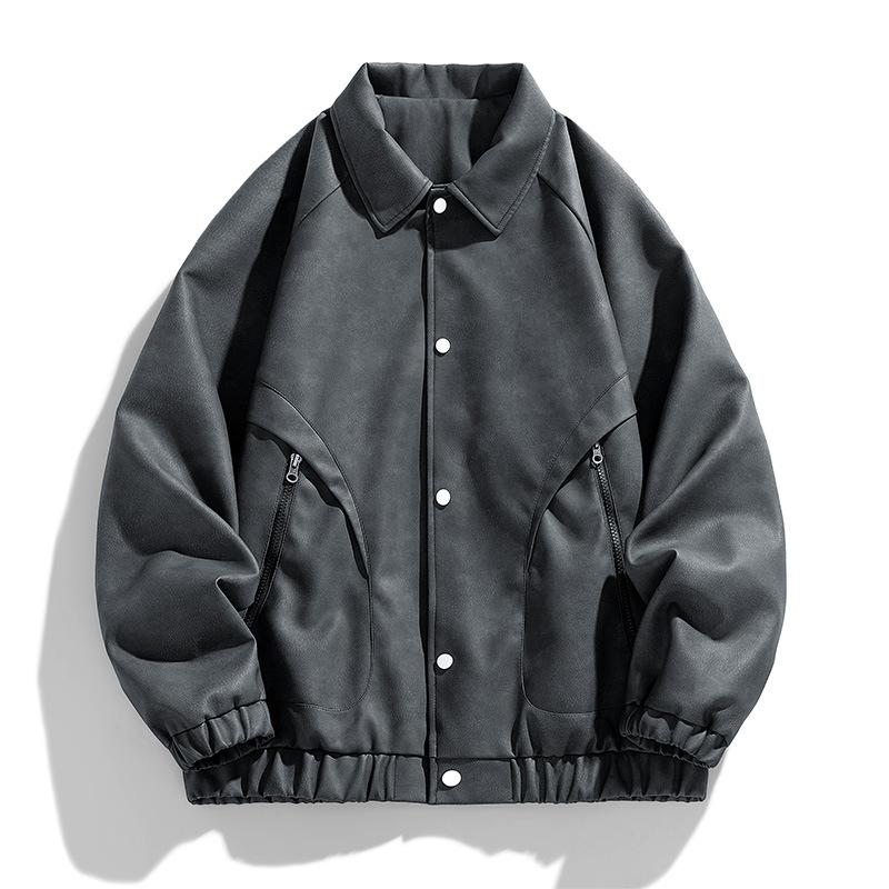 Повседневная мужская куртка Подростковая простая трендовая модная куртка с бейсбольным воротником Куртка для пары Мужская универсальная повседневная кожаная куртка