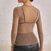 Women Tops Lace Garmented Half-High Neck Long Sleeve T-shirt Solid Color See-through Mesh Yarn Bottoming Tops