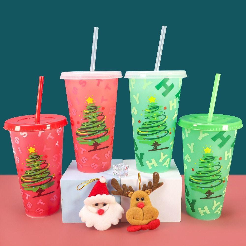 24oz Capacity Cold Drink Cup With Straws Iced Coffee Cup Reusable Straw Cup  Christmas Holiday
