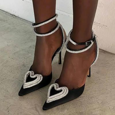 Блестящие стразы Женские туфли-лодочки Кристальная пряжка в форме сердца Летние женские туфли на высоком каблуке Вечерняя мода Выпускные туфли