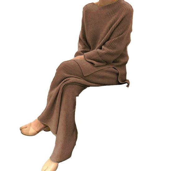 Женский комплект из 2 шт./компл., свитер, брюки, вязаный эластичный круглый вырез, свободный, с широкими штанинами, с эластичной резинкой на талии, толстый, мягкий, теплый, домашняя одежда, одежда для сна, женская зимняя осень